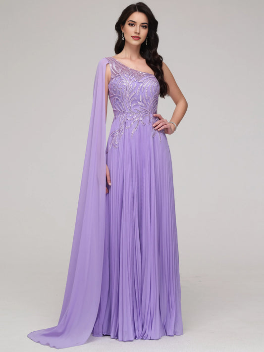 Formal One -Shoulder  Flowy Sequin Appliqued Chiffon Prom Dress with Beaded Embellishments Chiffon Capelet and Pleated Skirt