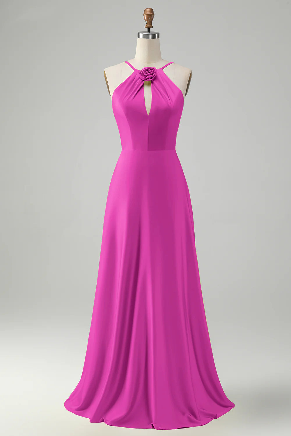 A-line hanging neck backless pleated long bridesmaid floral dress