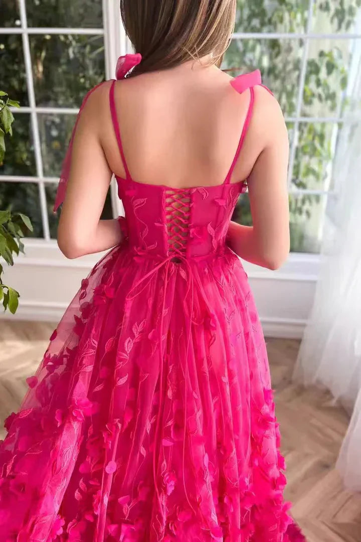 Fuchsia 3D Floral Applique Tulle Maxi Dress with Tie Straps & Lace-Up Back