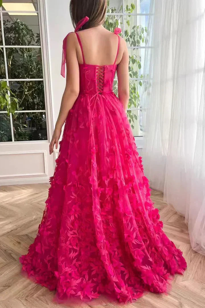 Fuchsia 3D Floral Applique Tulle Maxi Dress with Tie Straps & Lace-Up Back