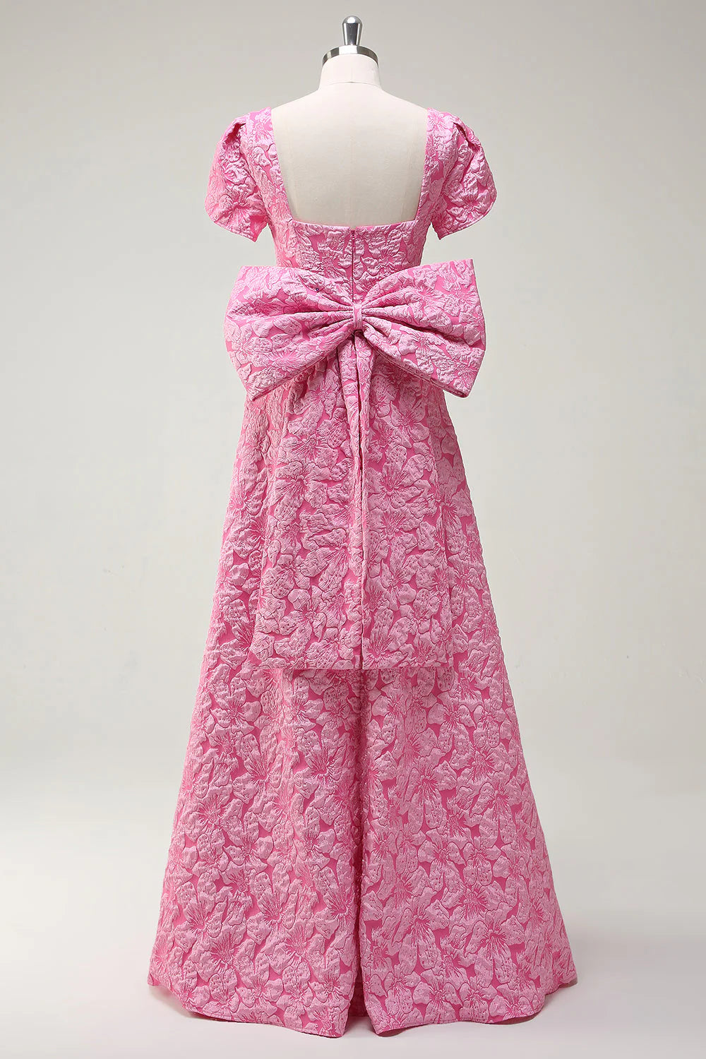 Fuchsia A-Line Square Neck Bow Back Brocade Floral Long Prom Dress with Slit
