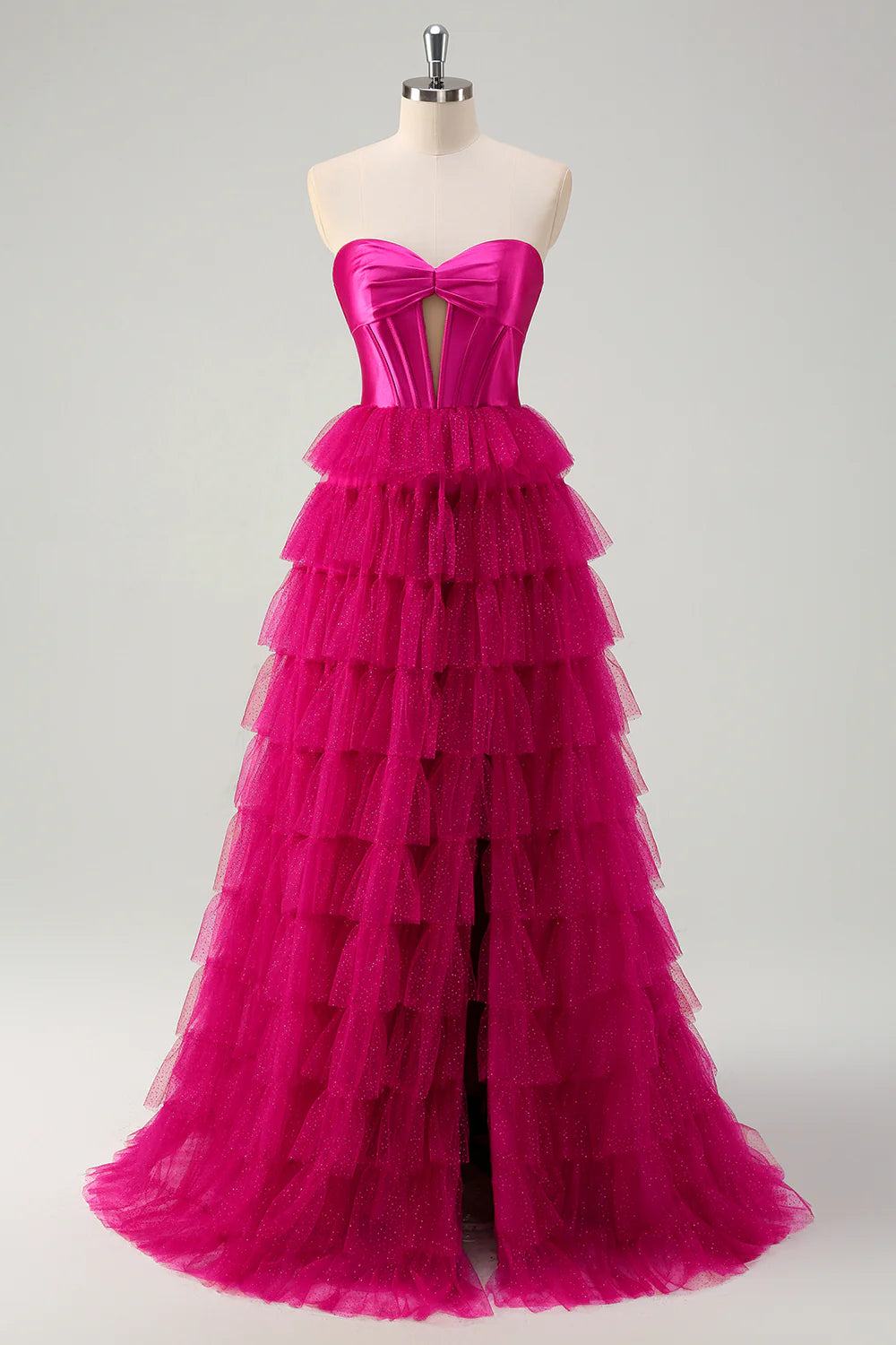 Fuchsia A Line Strapless Keyhole Tiered Corset Long Prom Dress with Slit