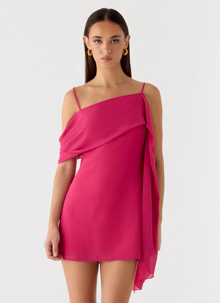 Fuchsia Draped One Shoulder Mini Evening Dresses