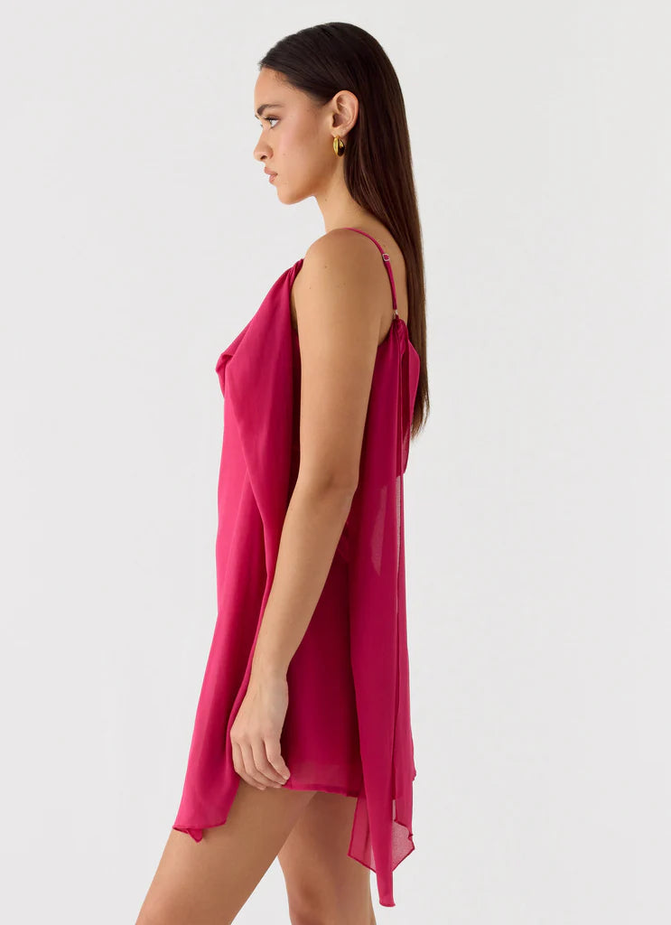 Fuchsia Draped One Shoulder Mini Evening Dresses