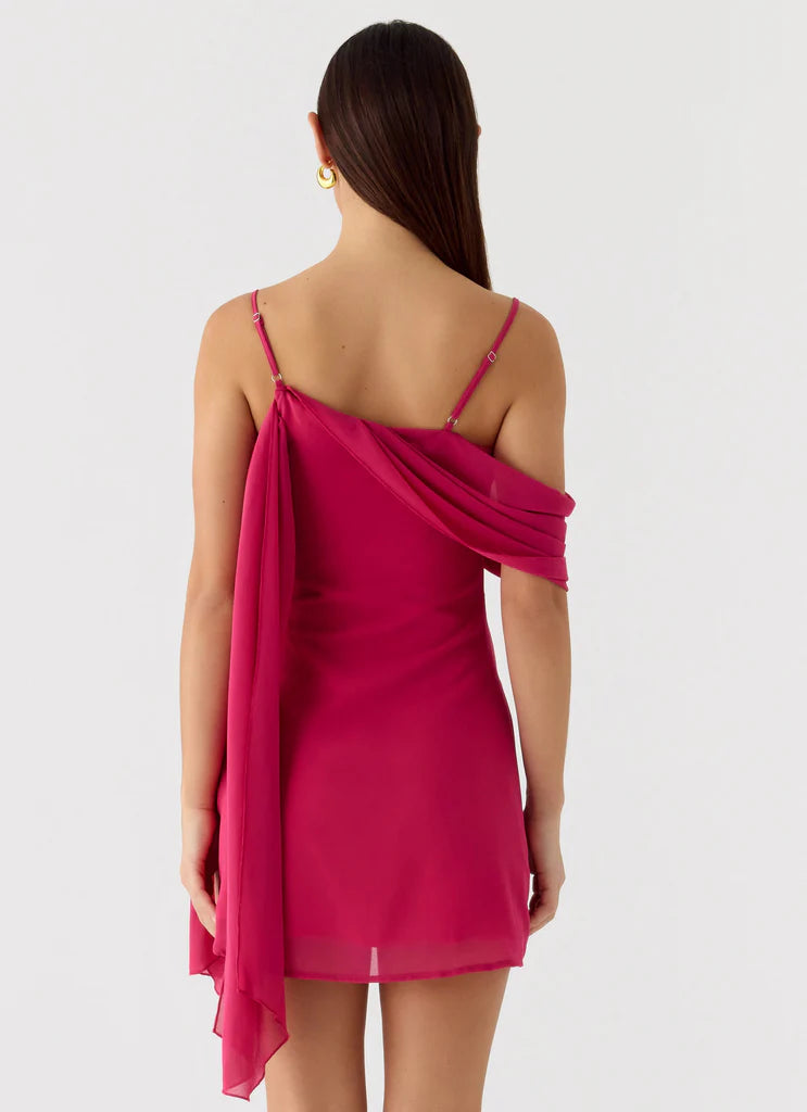 Fuchsia Draped One Shoulder Mini Evening Dresses