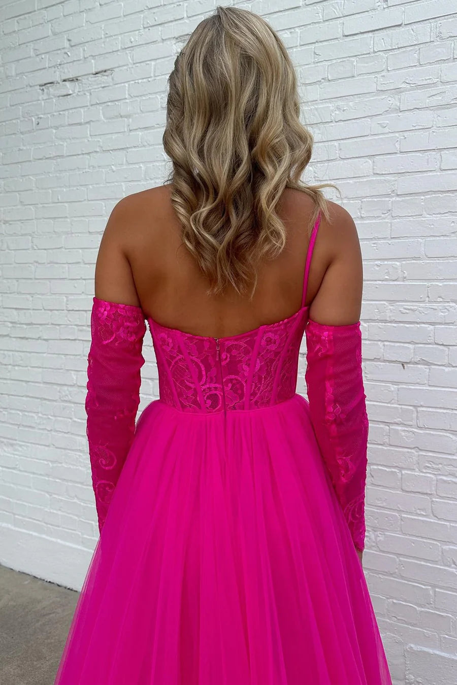 Fuchsia Lace One-Shoulder A-Line Formal Dress with Detachable Sleeves