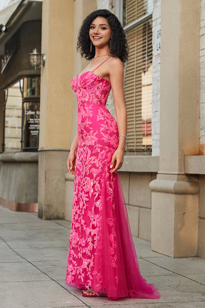 Fuchsia Mermaid Spaghetti Straps Sequins Corset Prom Dress with Appliques