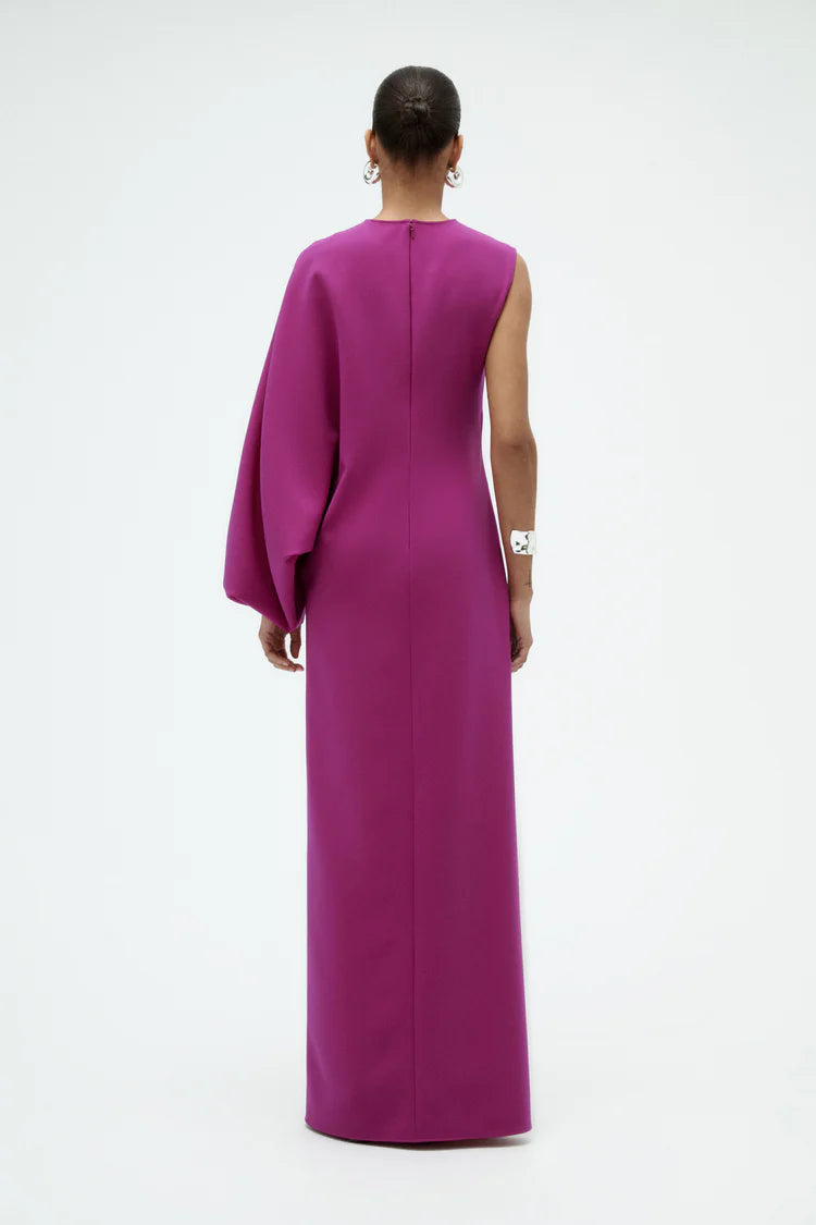 Fuchsia One Shoulder Balloon Sleeve Maxi Evening Dresses
