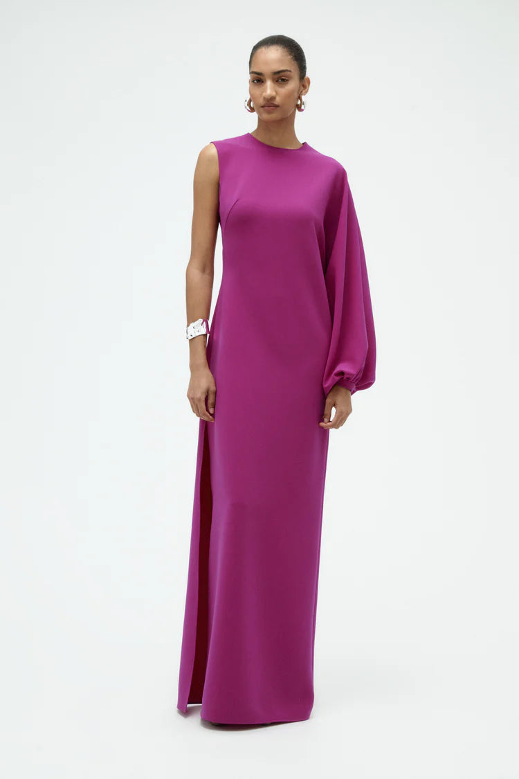 Fuchsia One Shoulder Balloon Sleeve Maxi Evening Dresses