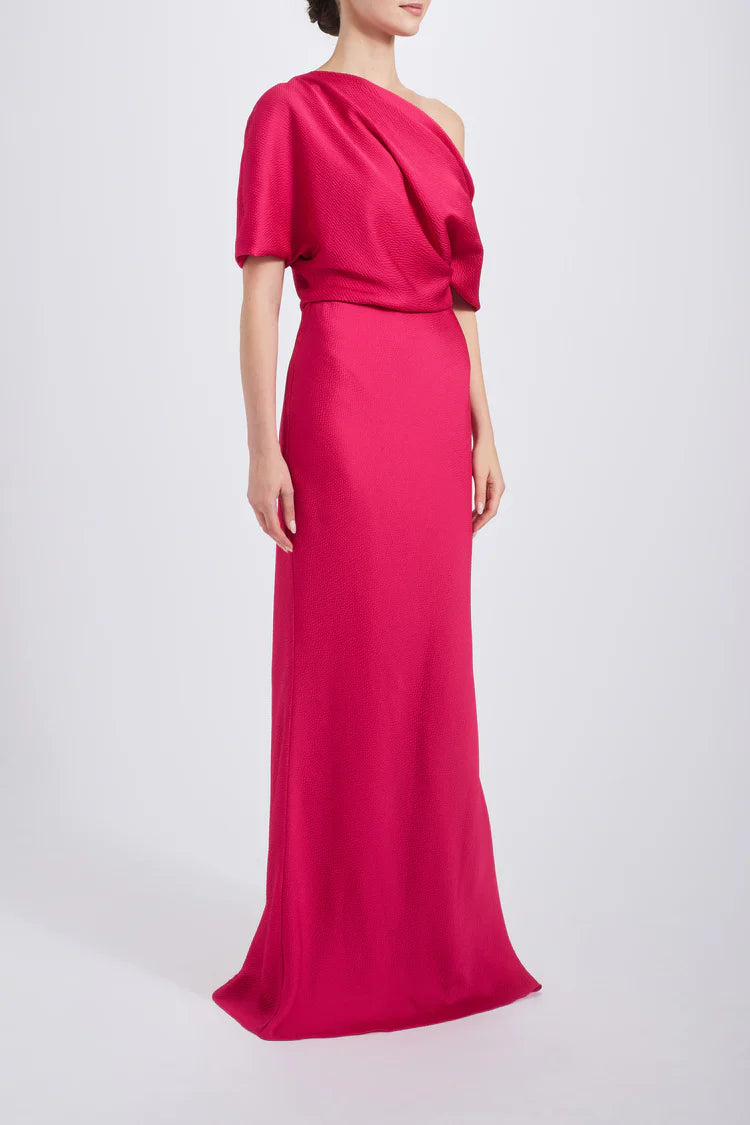 Fuchsia One Shoulder Draped Satin Maxi Evening Dresses