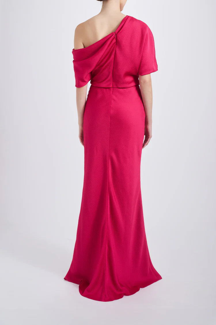 Fuchsia One Shoulder Draped Satin Maxi Evening Dresses