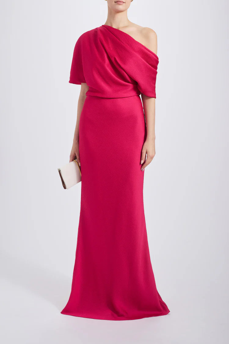 Fuchsia One Shoulder Draped Satin Maxi Evening Dresses