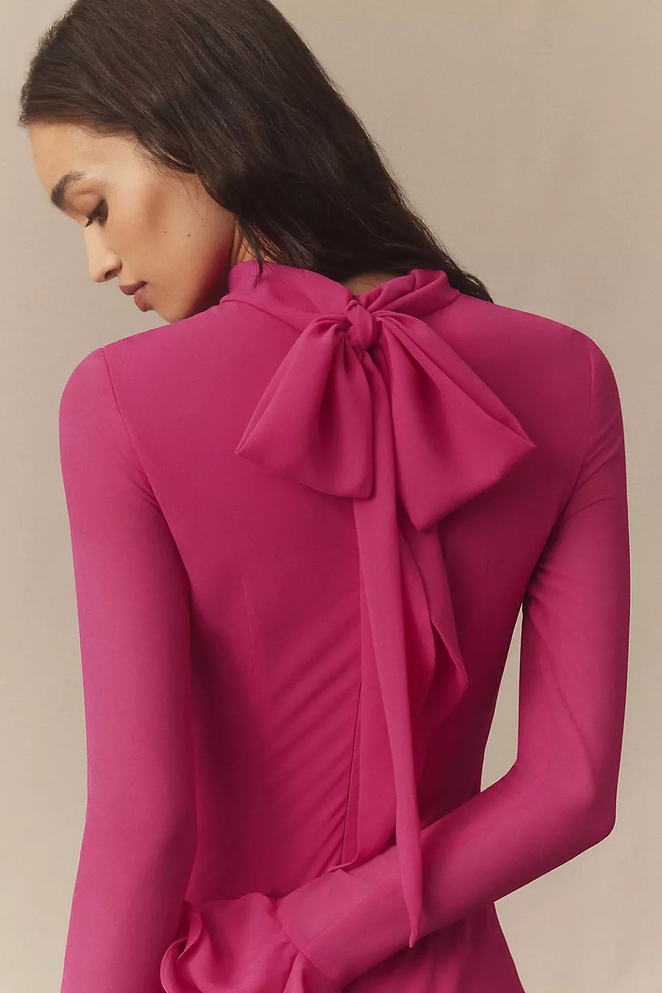Fuchsia Ruffle Cuff High Neck Maxi Evening Dresses with Back Bow