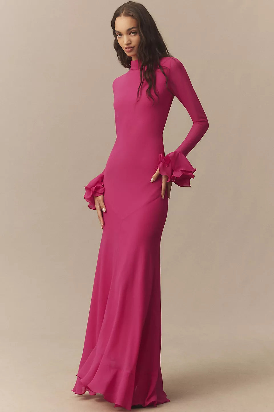 Fuchsia Ruffle Cuff High Neck Maxi Evening Dresses with Back Bow