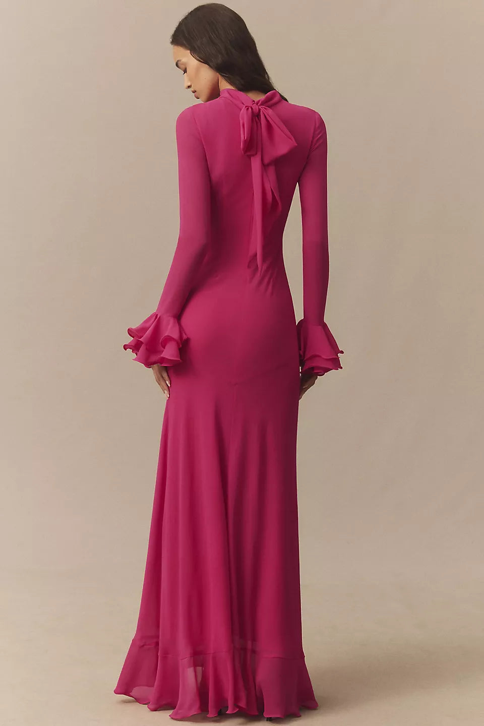 Fuchsia Ruffle Cuff High Neck Maxi Evening Dresses with Back Bow