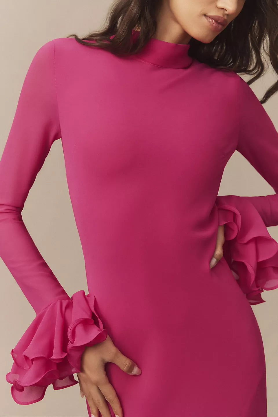 Fuchsia Ruffle Cuff High Neck Maxi Evening Dresses with Back Bow