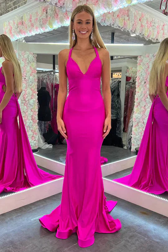 Fuchsia Satin Halter Mermaid Prom Dress with Stunning Open Back