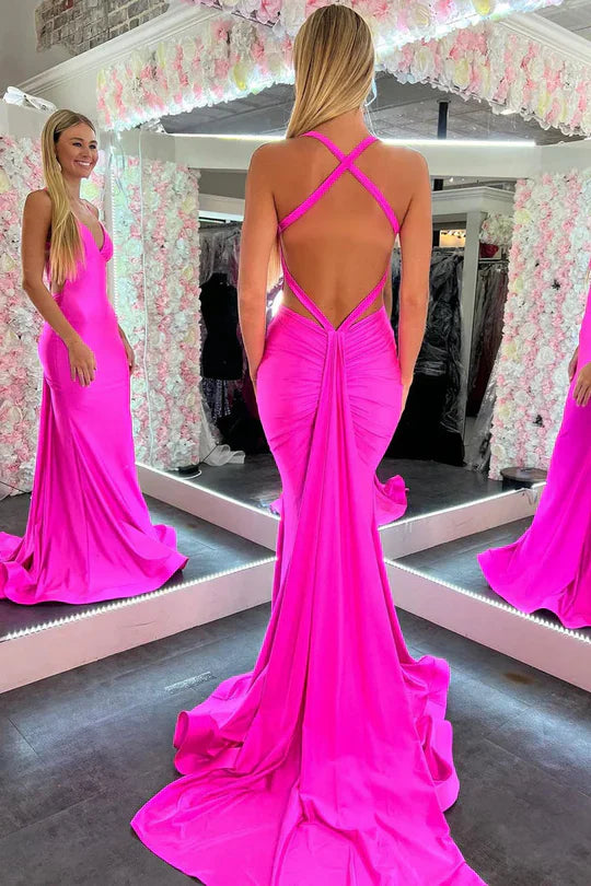 Fuchsia Satin Halter Mermaid Prom Dress with Stunning Open Back