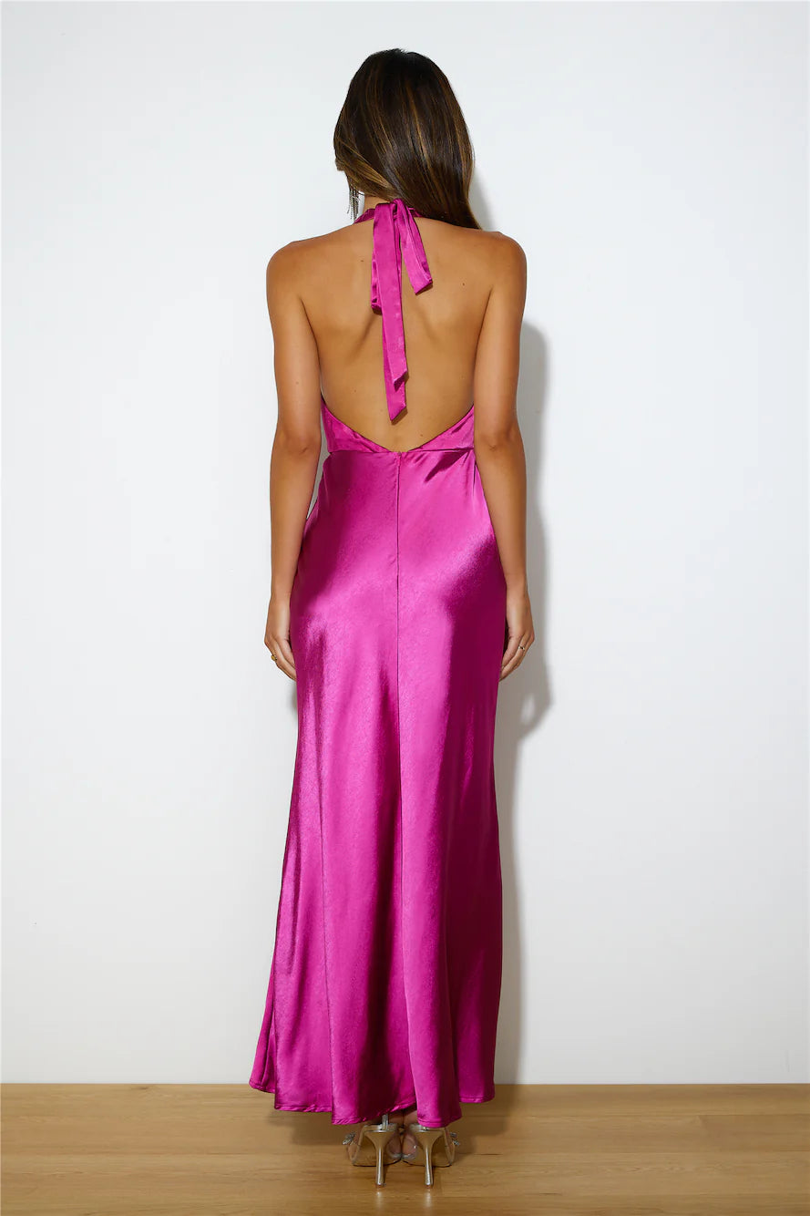 Fuchsia Satin Halter Neck Crystal Embellished Backless Maxi Evening Dresses