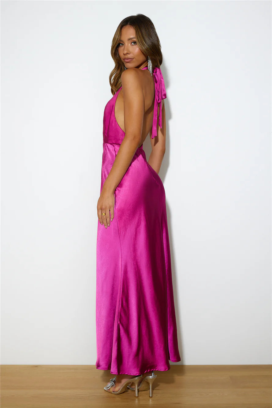 Fuchsia Satin Halter Neck Crystal Embellished Backless Maxi Evening Dresses