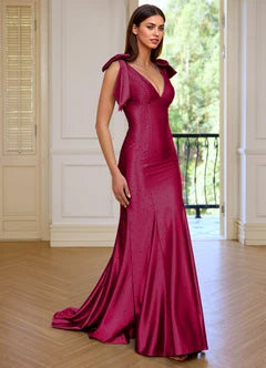 Fuchsia Satin Mermaid V-Neck Bow Detail Maxi Evening Dresses