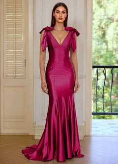 Fuchsia Satin Mermaid V-Neck Bow Detail Maxi Evening Dresses