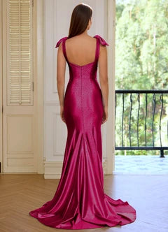Fuchsia Satin Mermaid V-Neck Bow Detail Maxi Evening Dresses