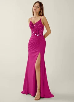 Fuchsia Sequin Lace-Up Back Mermaid Evening Dresses