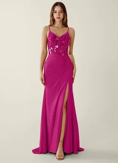 Fuchsia Sequin Lace-Up Back Mermaid Evening Dresses