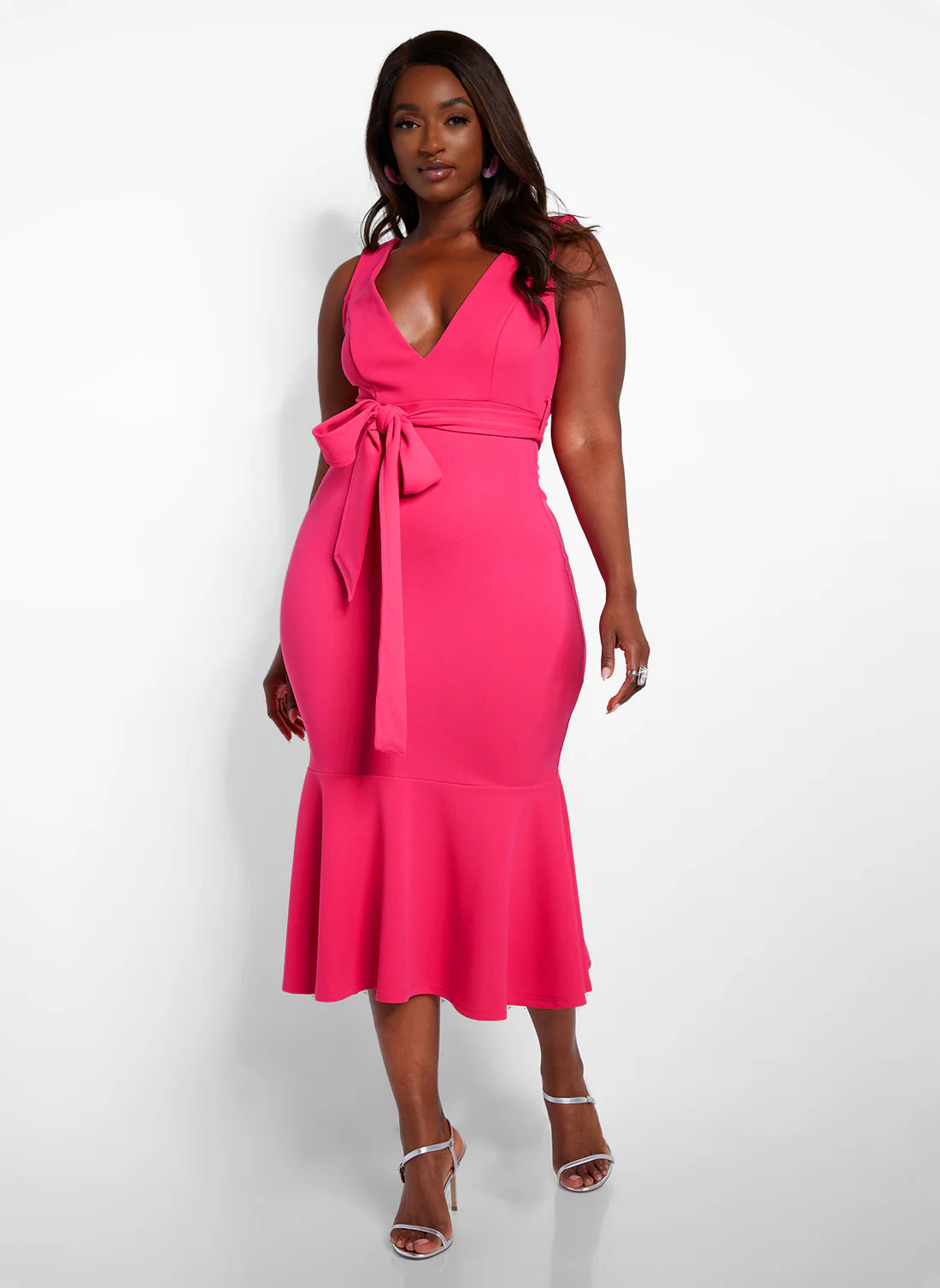 Fuchsia Sleeveless V-Neck Belted Mermaid Midi Evening Dresses