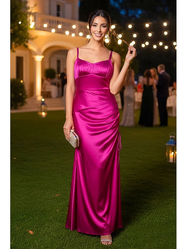 Fuchsia Spaghetti Strap Satin Ruched Evening Dresses