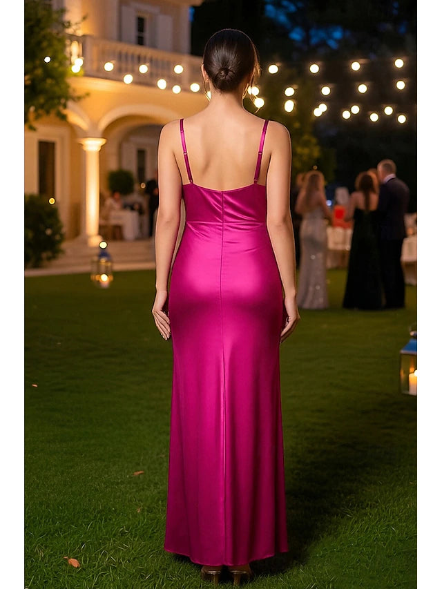 Fuchsia Spaghetti Strap Satin Ruched Evening Dresses