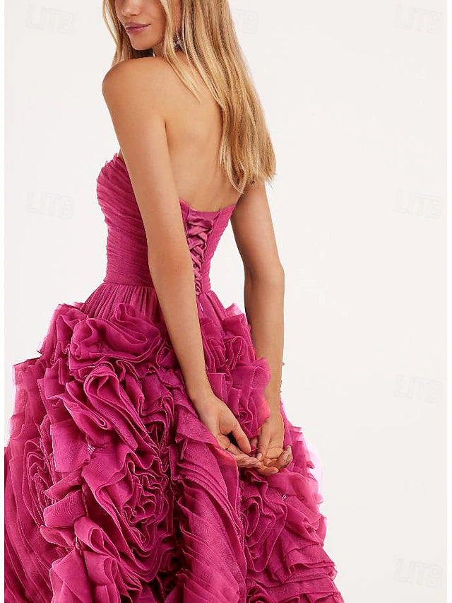 Fuchsia Strapless 3D Floral Ruffle Midi Evening Dresses with Lace-Up Back