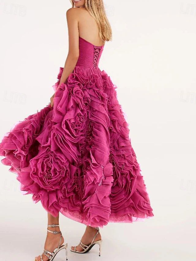 Fuchsia Strapless 3D Floral Ruffle Midi Evening Dresses with Lace-Up Back