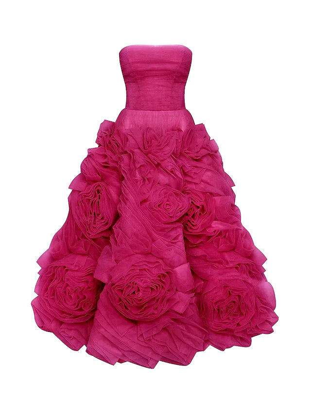 Fuchsia Strapless 3D Floral Ruffle Midi Evening Dresses with Lace-Up Back