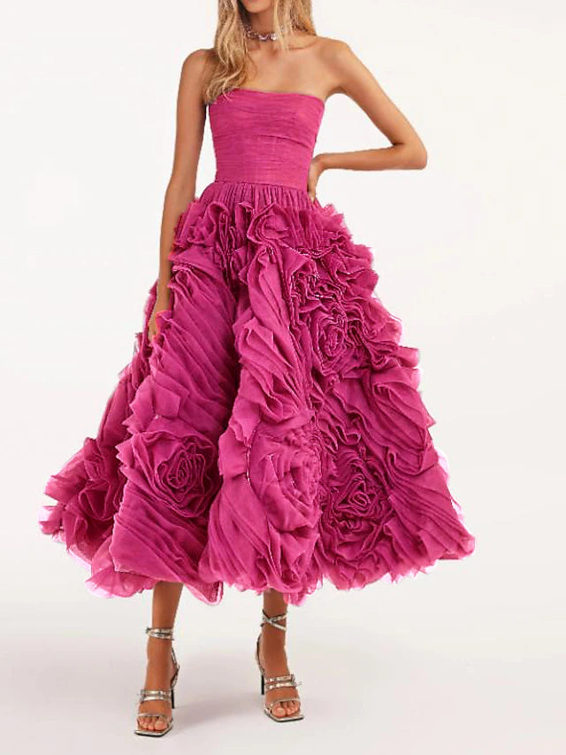 Fuchsia Strapless 3D Floral Ruffle Midi Evening Dresses with Lace-Up Back