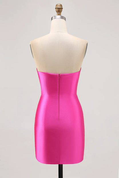 Fuchsia Strapless Beaded Tight Satin Short Homecoming Dress with Rhinestones