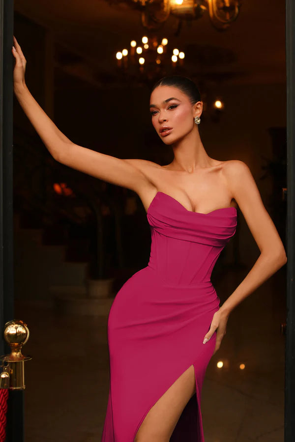 Fuchsia Strapless Corset Slit Train Maxi Evening Dresses