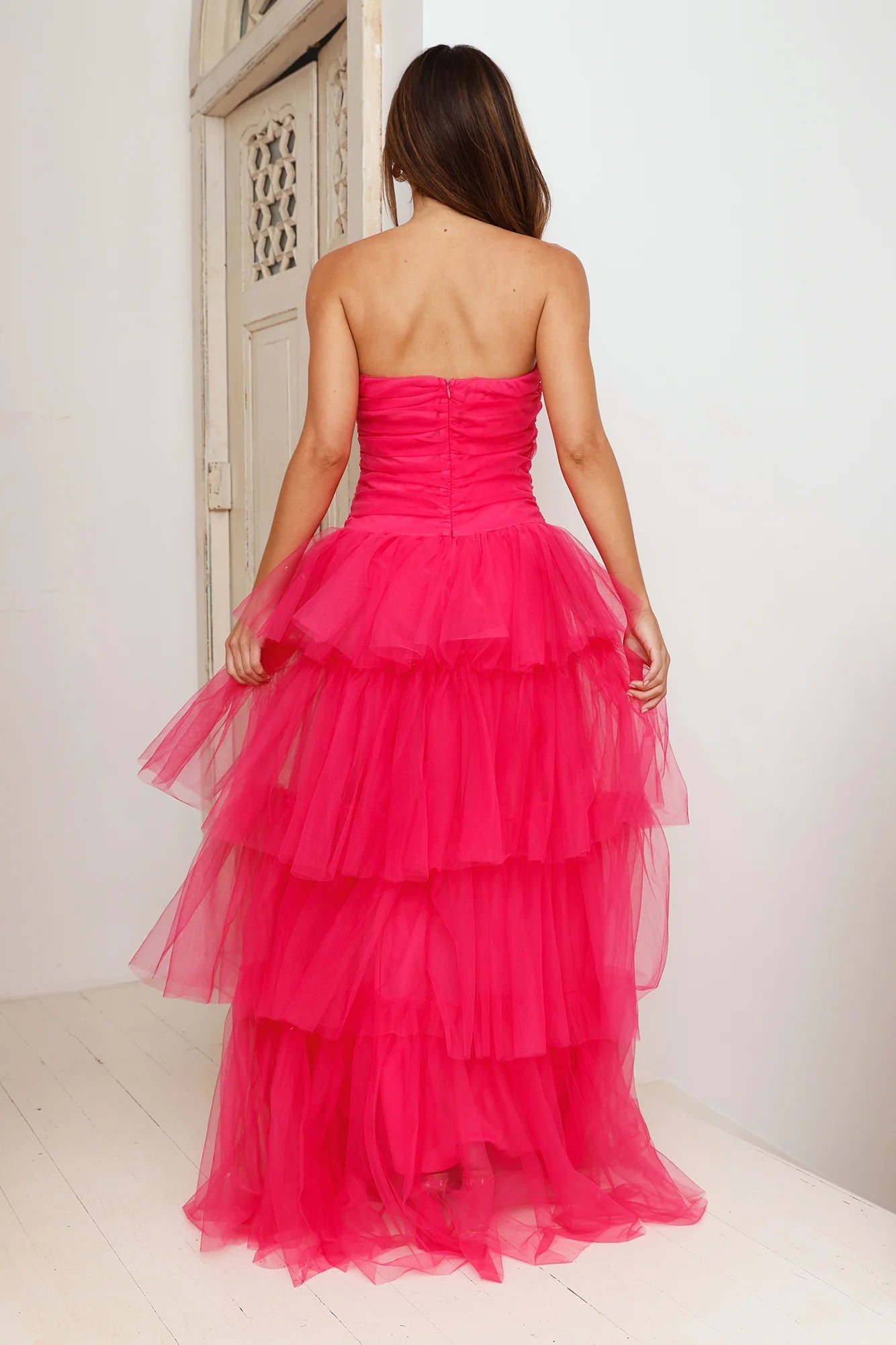 Fuchsia Strapless Ruched Tiered Tulle Maxi Evening Dresses