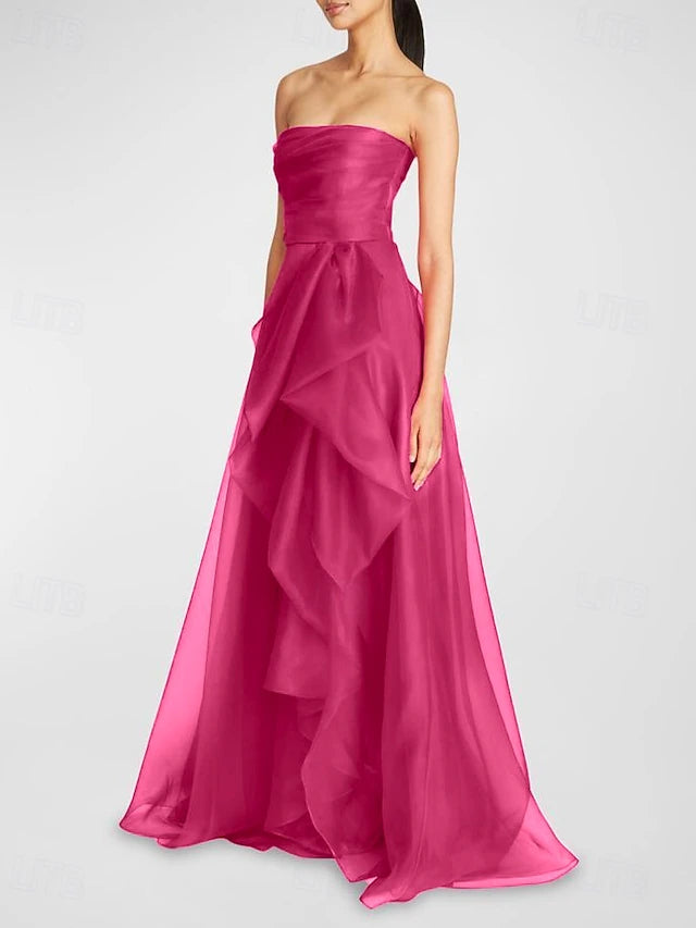 Fuchsia Strapless Ruffle Slit Evening Dresses