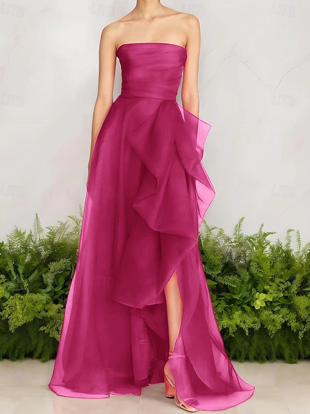 Fuchsia Strapless Ruffle Slit Evening Dresses