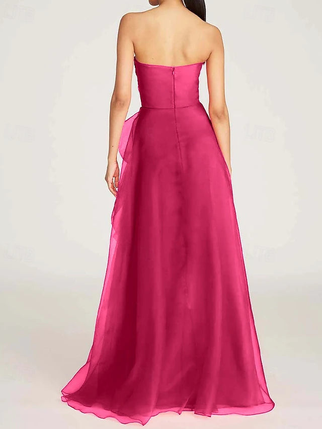 Fuchsia Strapless Ruffle Slit Evening Dresses