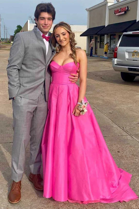 Fuchsia Strapless Satin Sweeping Long Prom Dress