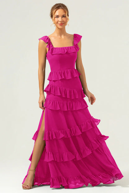 Dark Navy A-Line Square Neck Tiered Long Bridesmaid Dress