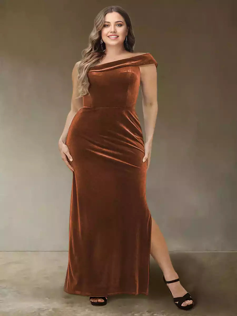 Full of charm, one shoulder sleeveless velvet plus size side slit, Mother of the Bride Dresses