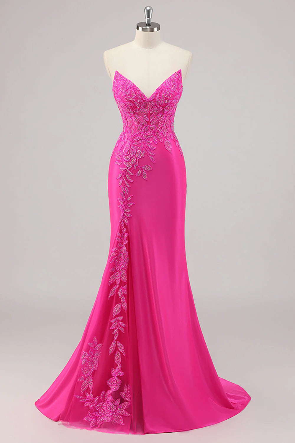Mermaid Strapless Fuchsia Long Beaded Prom Dress With Appliques