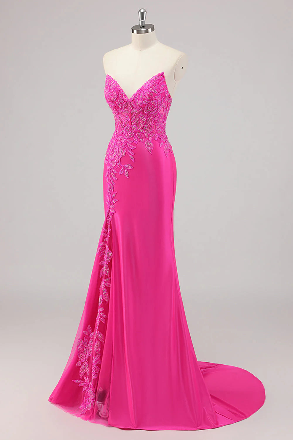 Mermaid Strapless Fuchsia Long Beaded Prom Dress With Appliques