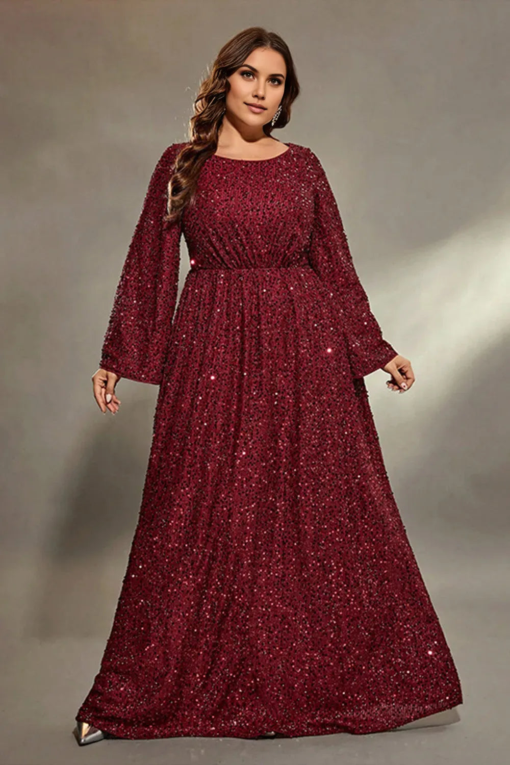 Glamorous A-Line Boat Neck Flare Sleeve Sequins Back Zip Floor-Length Plus Size Mother of the Bride Dress