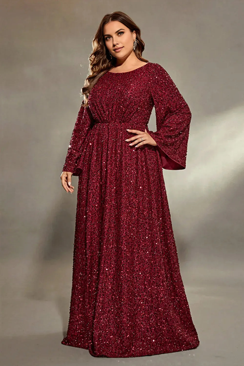 Glamorous A-Line Boat Neck Flare Sleeve Sequins Back Zip Floor-Length Plus Size Mother of the Bride Dress