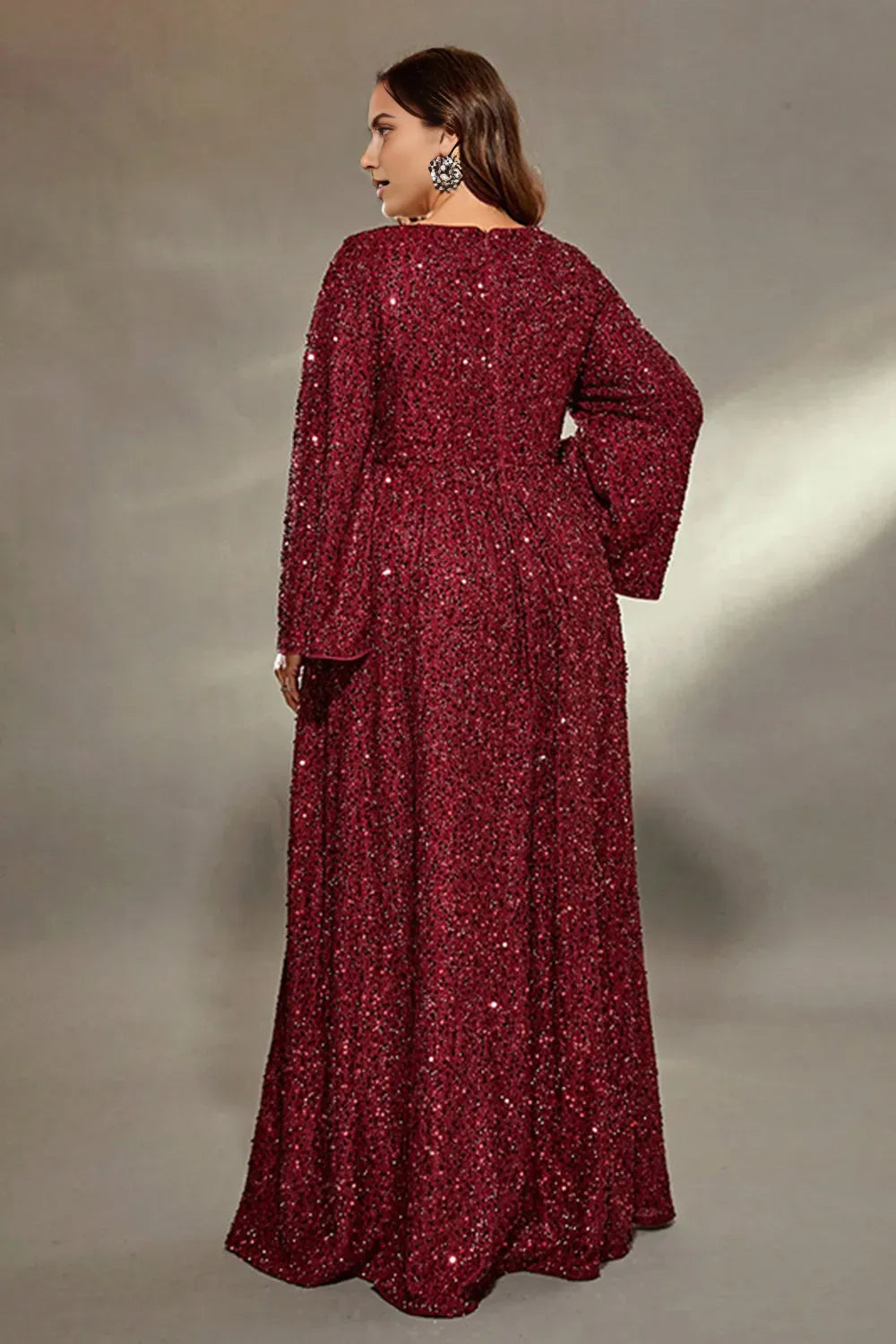 Glamorous A-Line Boat Neck Flare Sleeve Sequins Back Zip Floor-Length Plus Size Mother of the Bride Dress